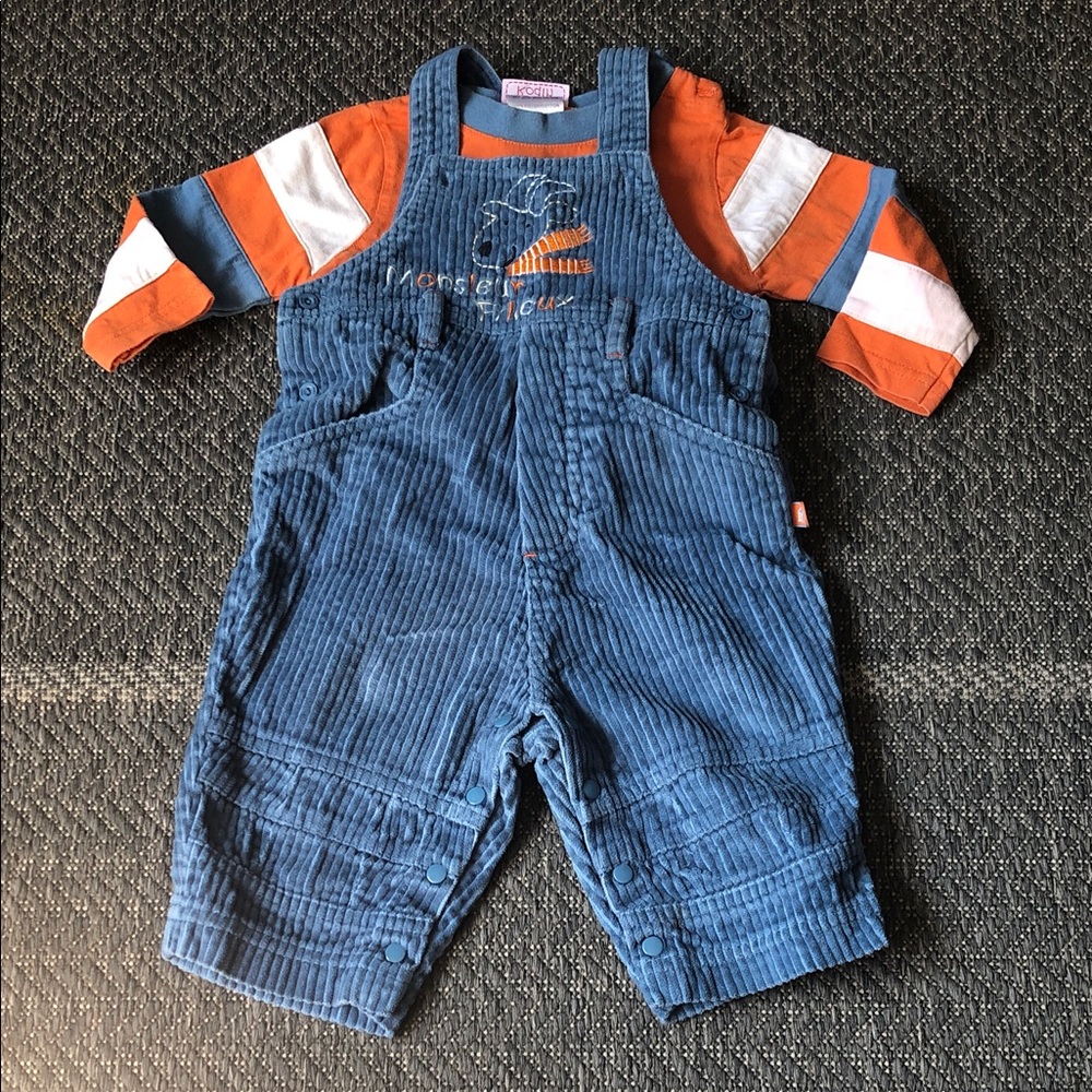 Toddler Blue Corduroy Overalls Set with Orange Stripe Tee